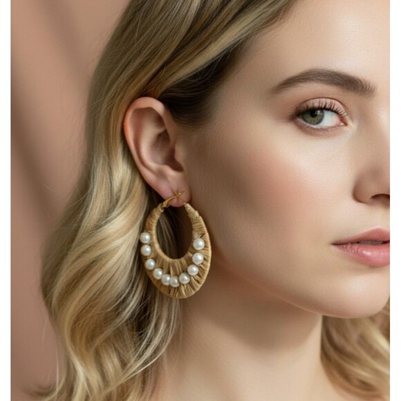 NWT By The Bay Rafia Hoop Pearls Earrings Boho Chic Coastal Resort Beachy - Picture 1 of 5